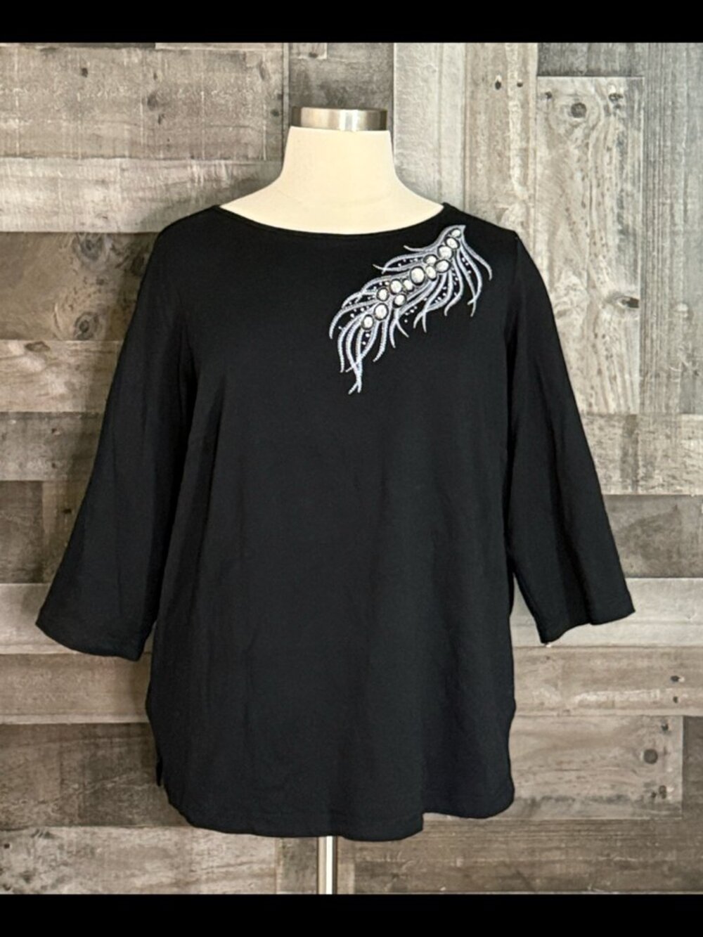 NWT! Bob Mackie black 3/4 sleeve top 2xlarge silver feather rhinestones glam